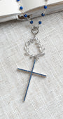 Royal Blue Crystal Cross on Blue Lapis Sterling Silver Rosary Chain Necklace