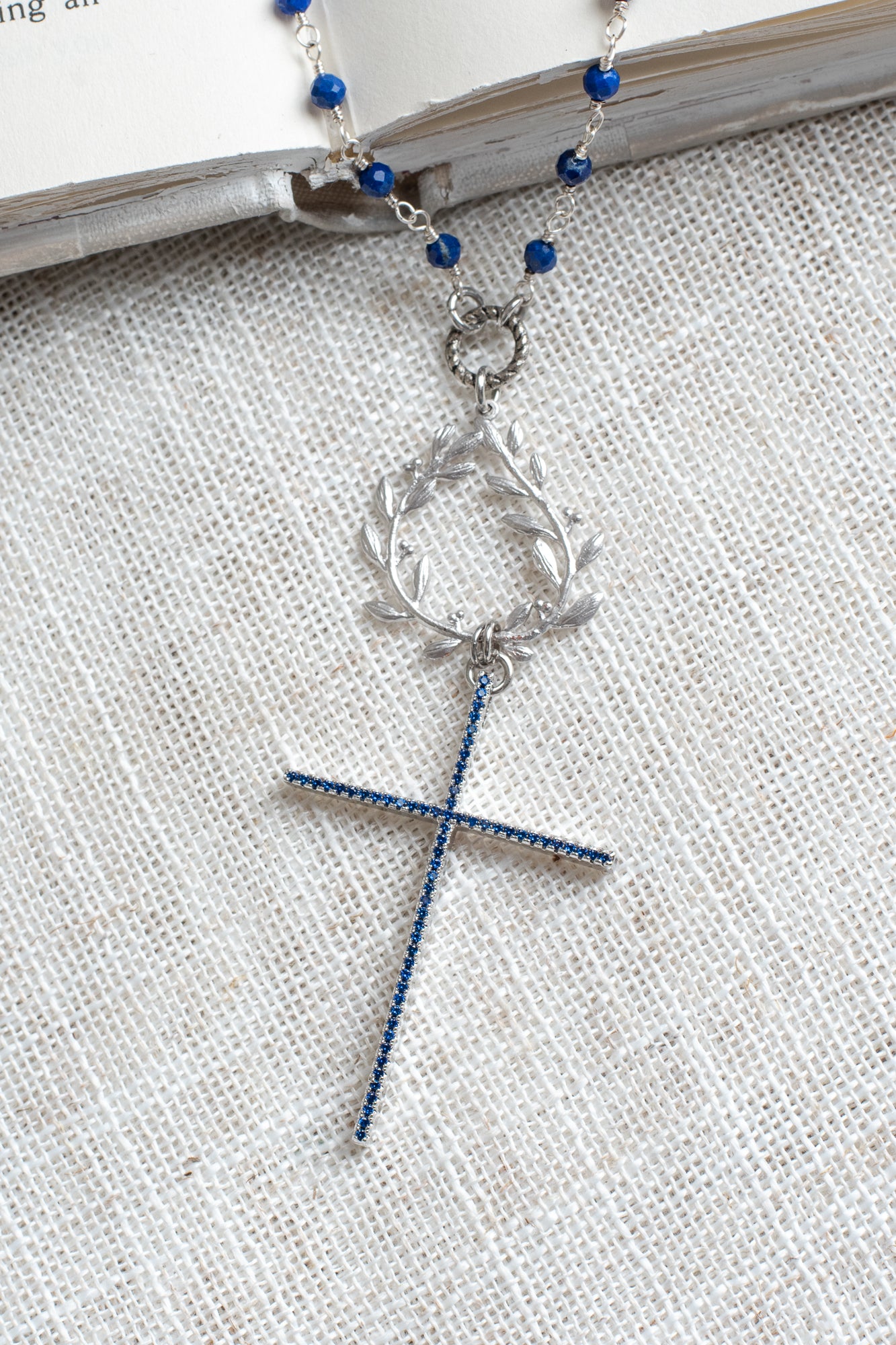 Royal Blue Crystal Cross on Blue Lapis Sterling Silver Rosary Chain Necklace