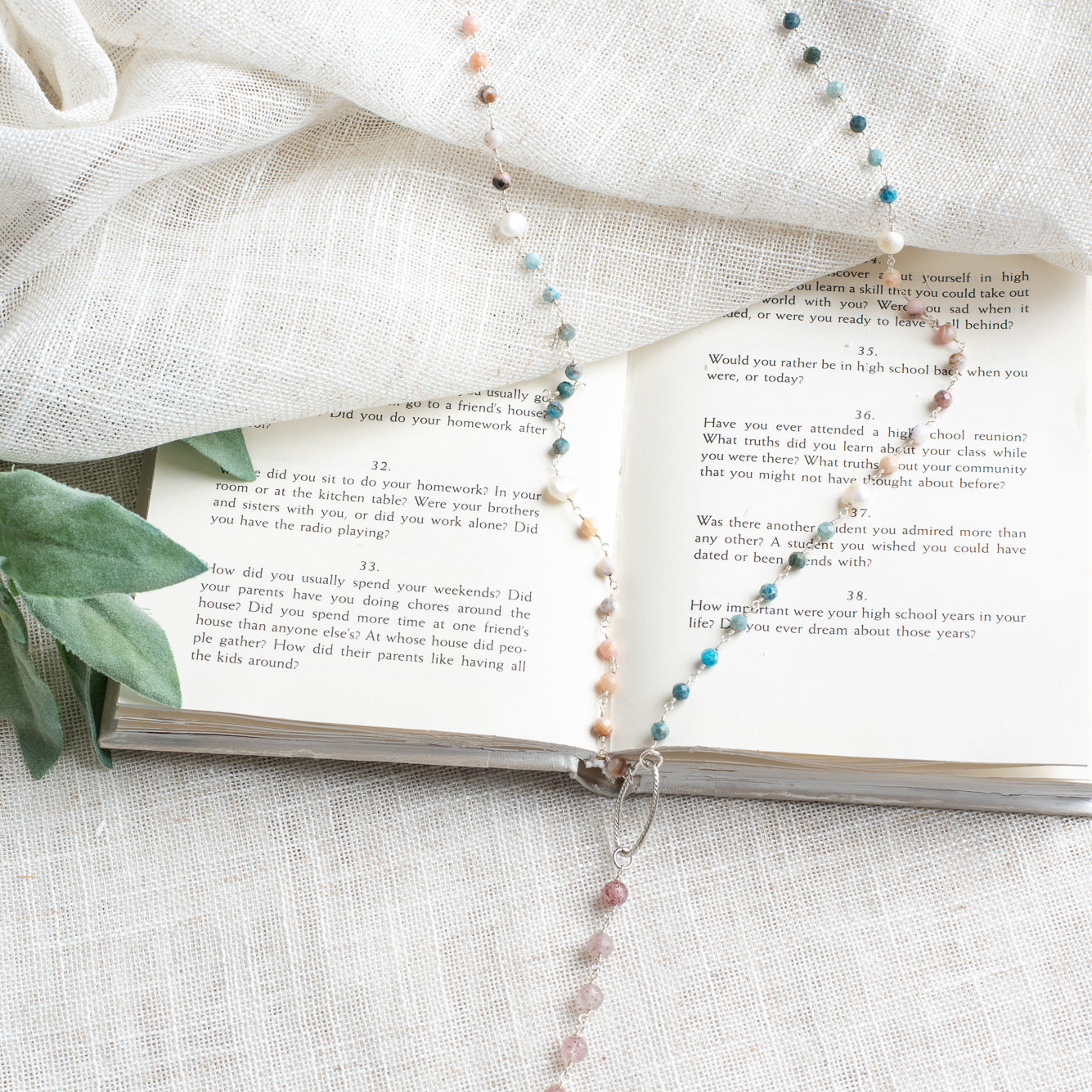 Faceted Amazonite Stone & Cross Pendant on an Amazonite, Pearl & Morganite Silver Rosary Chain Necklace