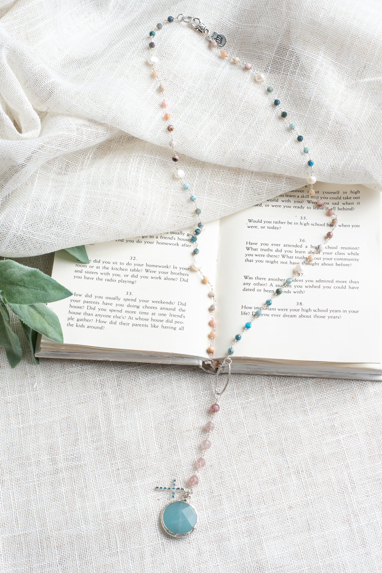 Faceted Amazonite Stone & Cross Pendant on an Amazonite, Pearl & Morganite Silver Rosary Chain Necklace