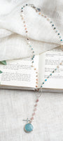 Faceted Amazonite Stone & Cross Pendant on an Amazonite, Pearl & Morganite Silver Rosary Chain Necklace