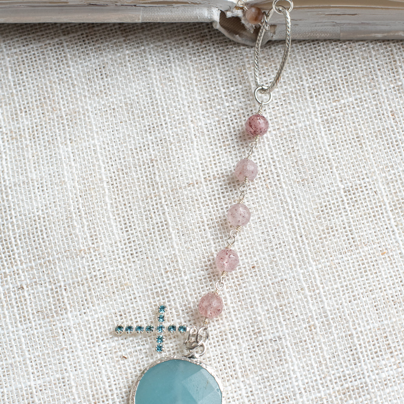 Amazonite, Morganite, Lepidolite & Pearl Pavé Cross Y-Necklace
