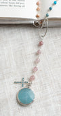 Faceted Amazonite Stone & Cross Pendant on an Amazonite, Pearl & Morganite Silver Rosary Chain Necklace