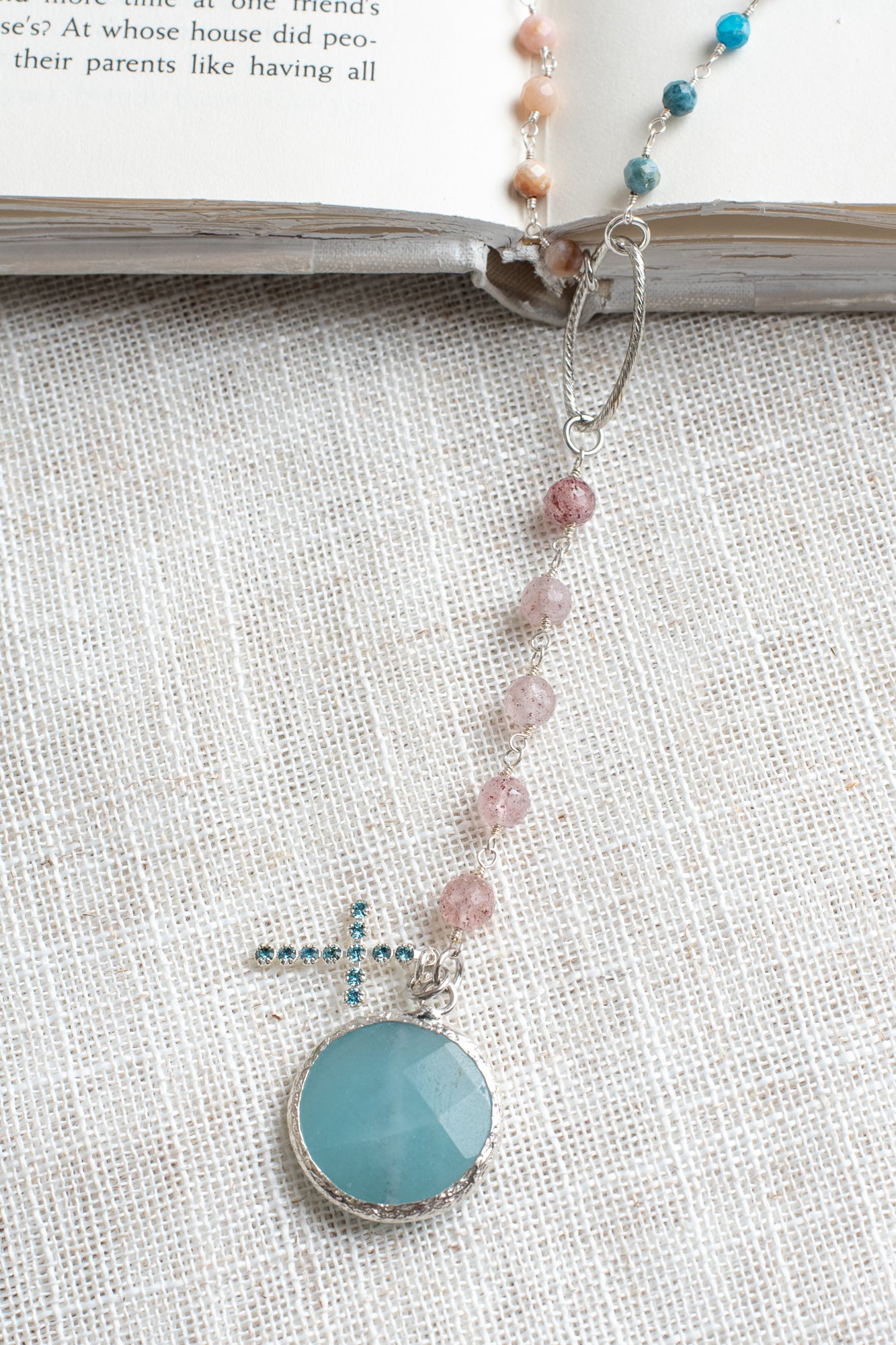 Faceted Amazonite Stone & Cross Pendant on an Amazonite, Pearl & Morganite Silver Rosary Chain Necklace