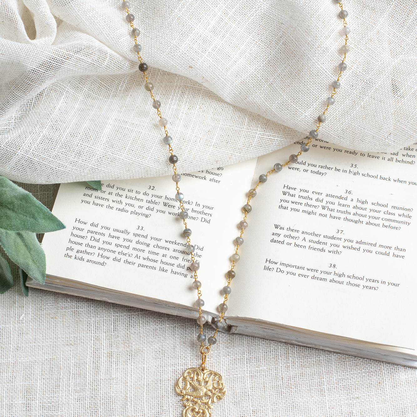 Matte Gold Plated Filigree and Cross Pendant on a Labradorite Stone Rosary Chain Necklace