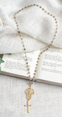 Matte Gold Plated Filigree and Cross Pendant on a Labradorite Stone Rosary Chain Necklace