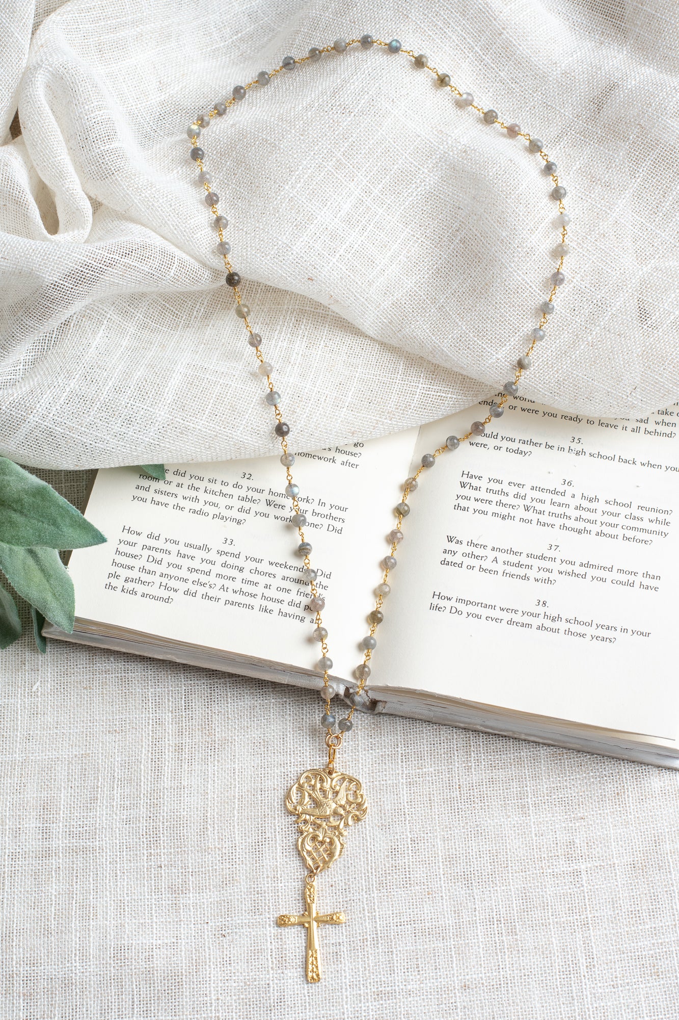 Matte Gold Plated Filigree and Cross Pendant on a Labradorite Stone Rosary Chain Necklace
