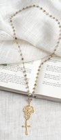 Matte Gold Plated Filigree and Cross Pendant on a Labradorite Stone Rosary Chain Necklace