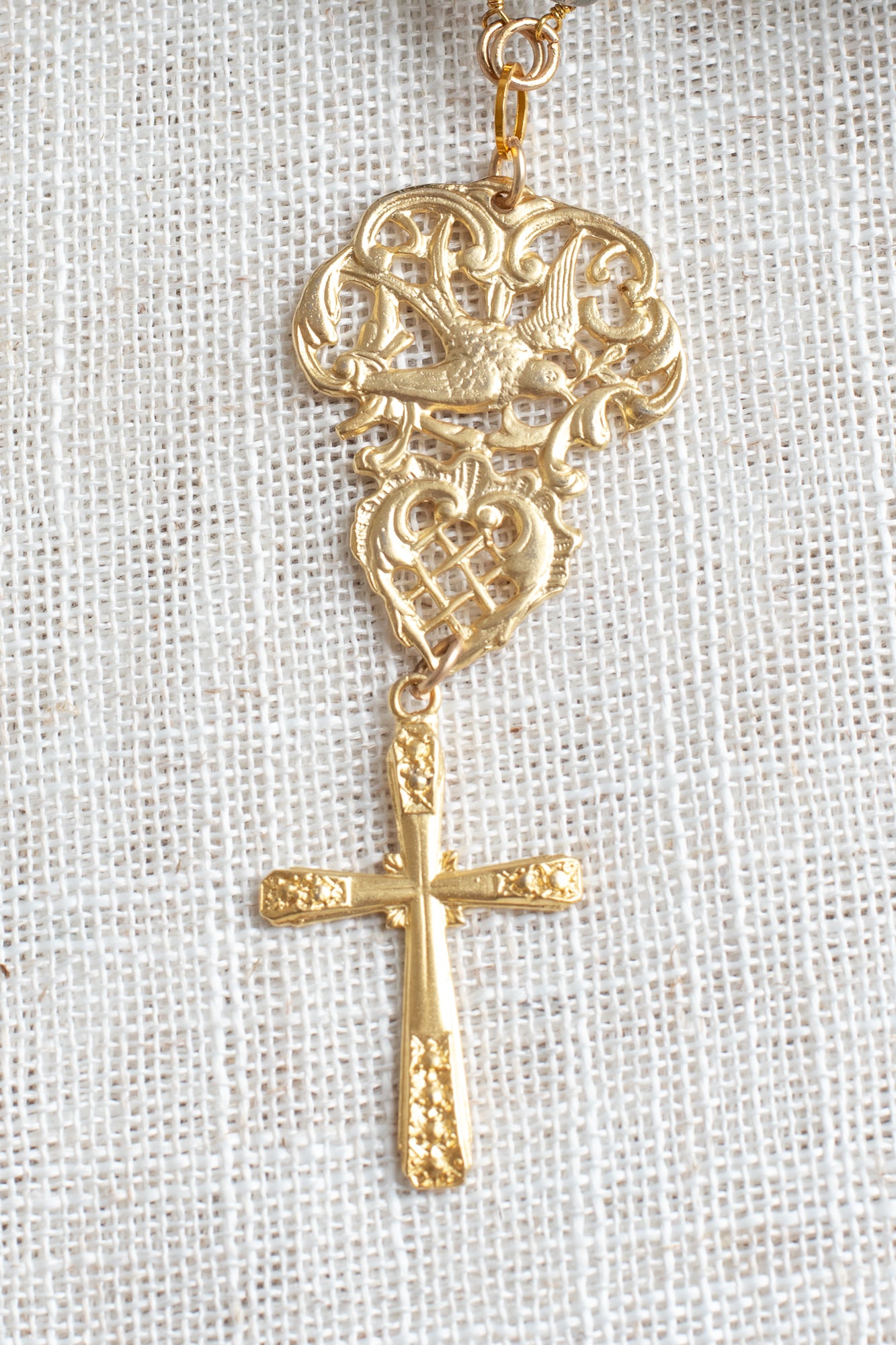 Matte Gold Plated Filigree and Cross Pendant on a Labradorite Stone Rosary Chain Necklace
