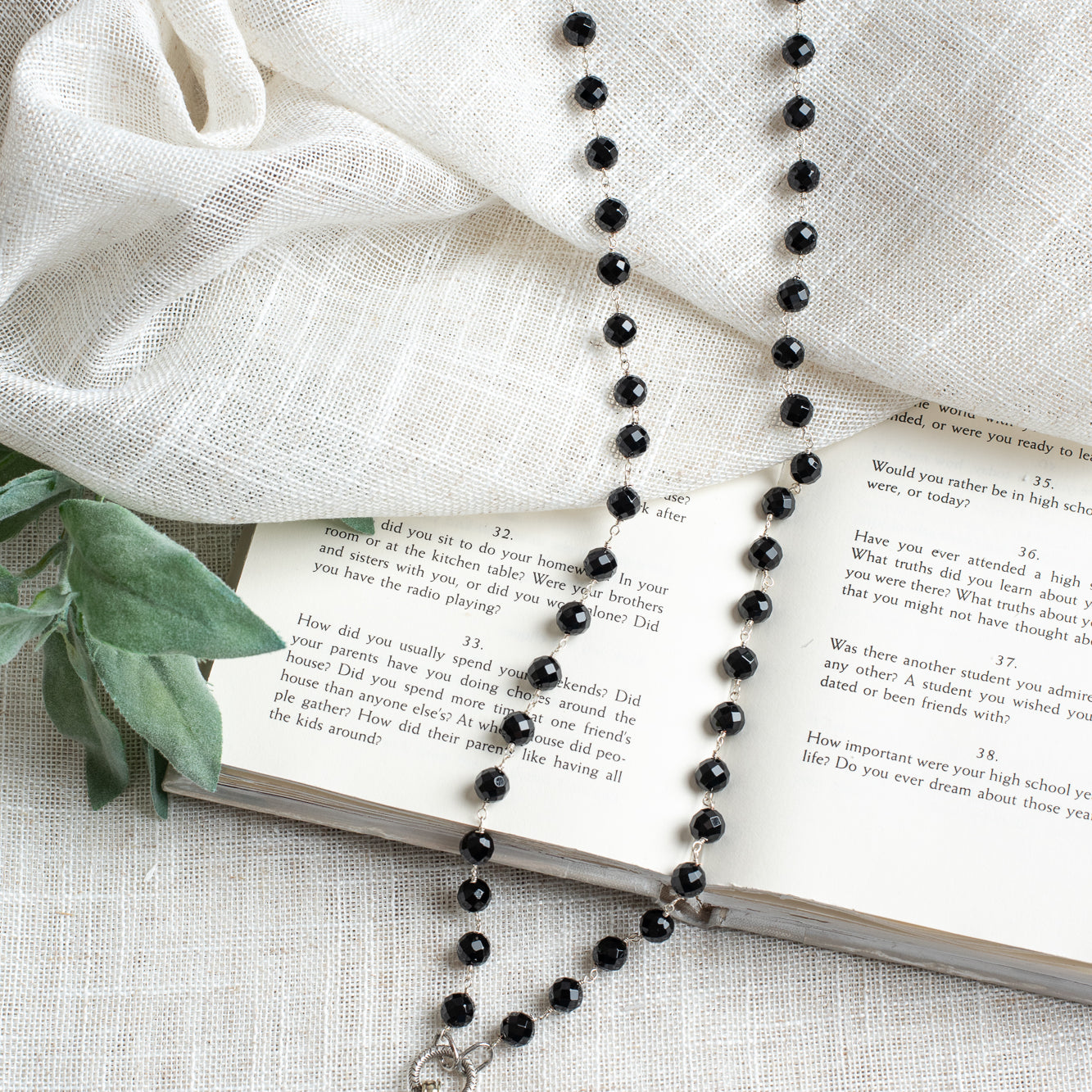 Black Howlite Stone Embellished Tibetan Cross on Black Onyx and Silver Rosary Chain Necklace