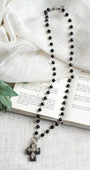 Black Howlite Stone Embellished Tibetan Cross on Black Onyx and Silver Rosary Chain Necklace