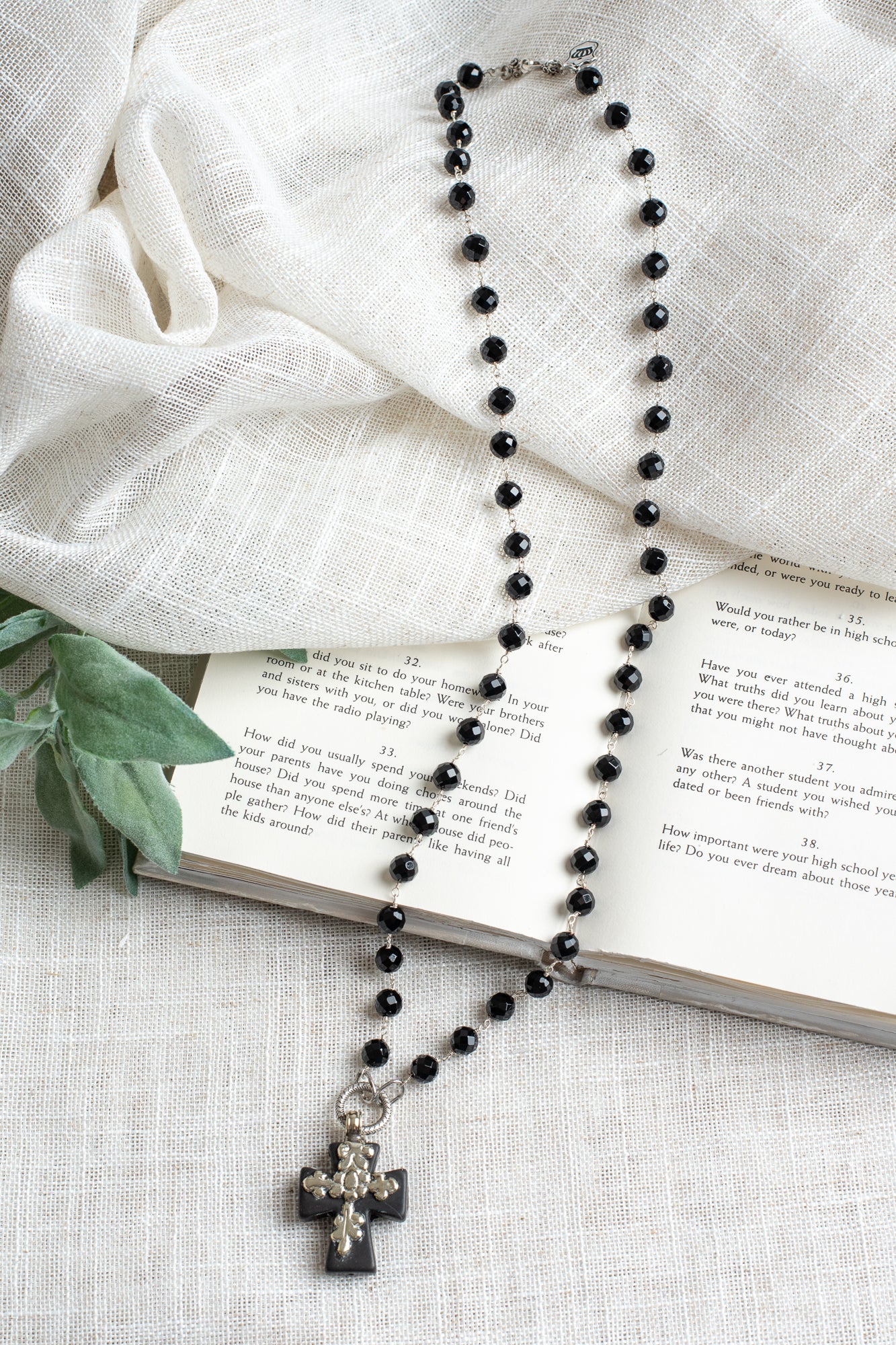 Black Howlite Stone Embellished Tibetan Cross on Black Onyx and Silver Rosary Chain Necklace