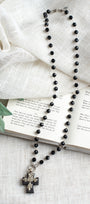 Black Howlite Stone Embellished Tibetan Cross on Black Onyx and Silver Rosary Chain Necklace