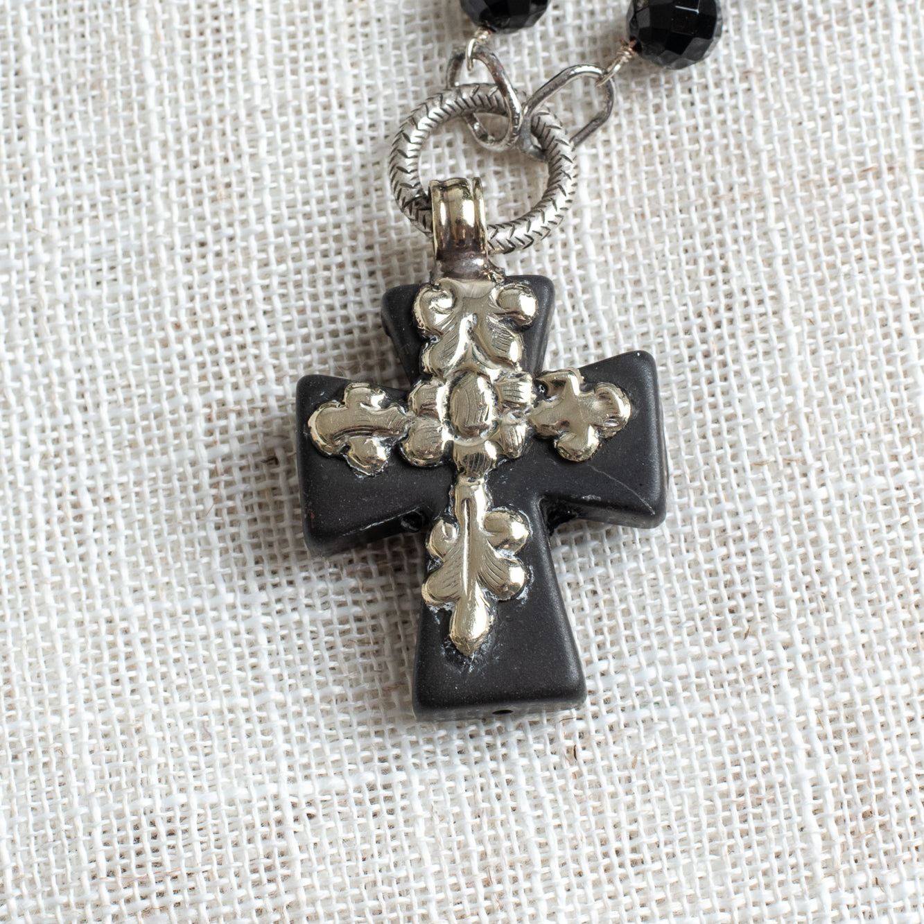 Black Howlite Tibetan Cross & Black Onyx Rosary-Style Long Necklace