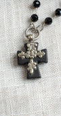 Black Howlite Stone Embellished Tibetan Cross on Black Onyx and Silver Rosary Chain Necklace