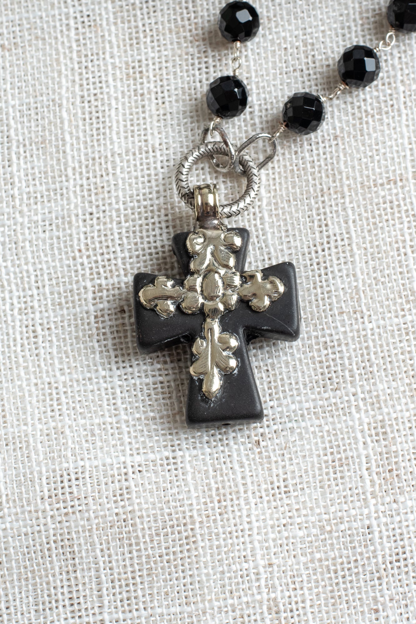 Black Howlite Stone Embellished Tibetan Cross on Black Onyx and Silver Rosary Chain Necklace
