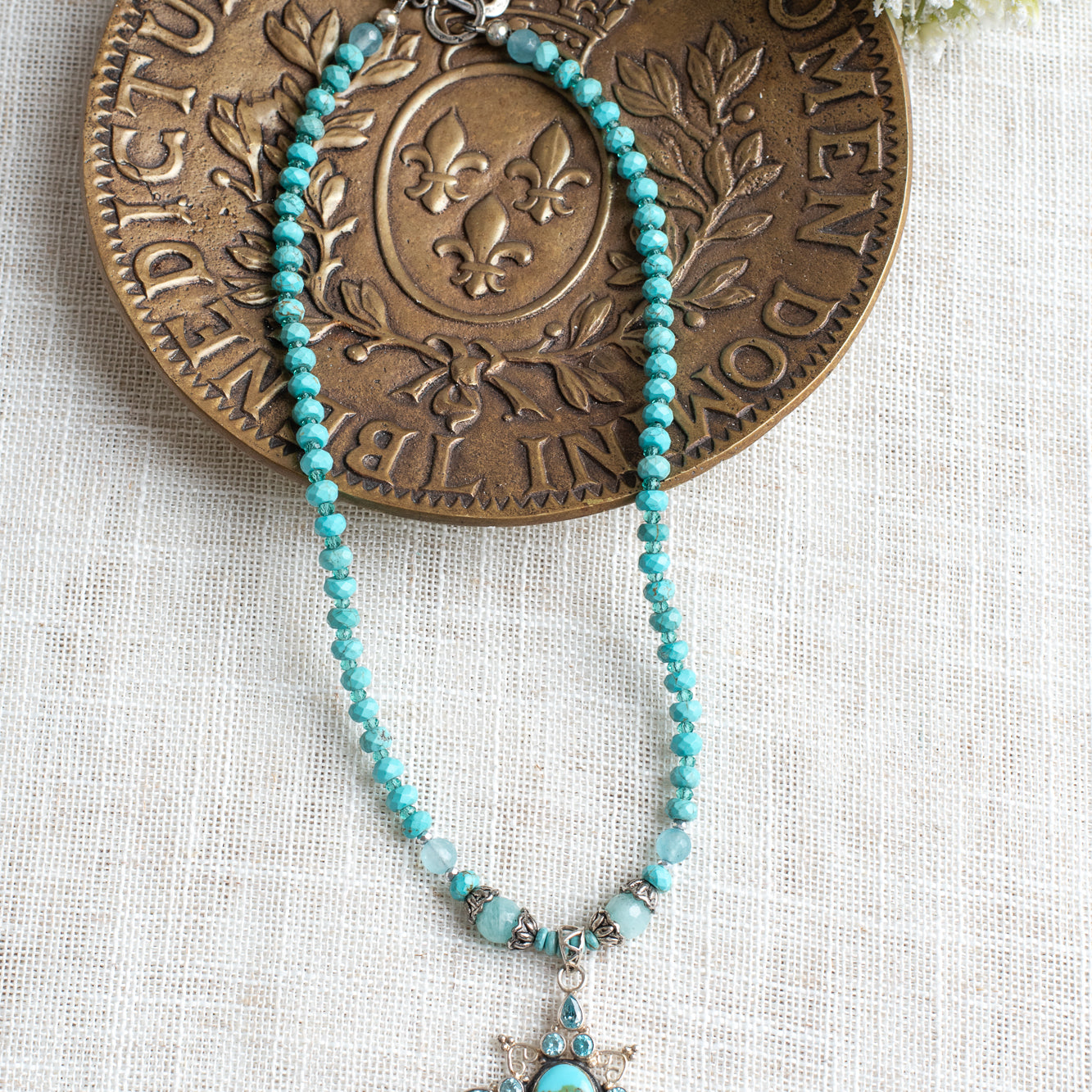 Sterling Silver Starburst Turquoise and Blue Topaz on Turquoise Beaded Necklace