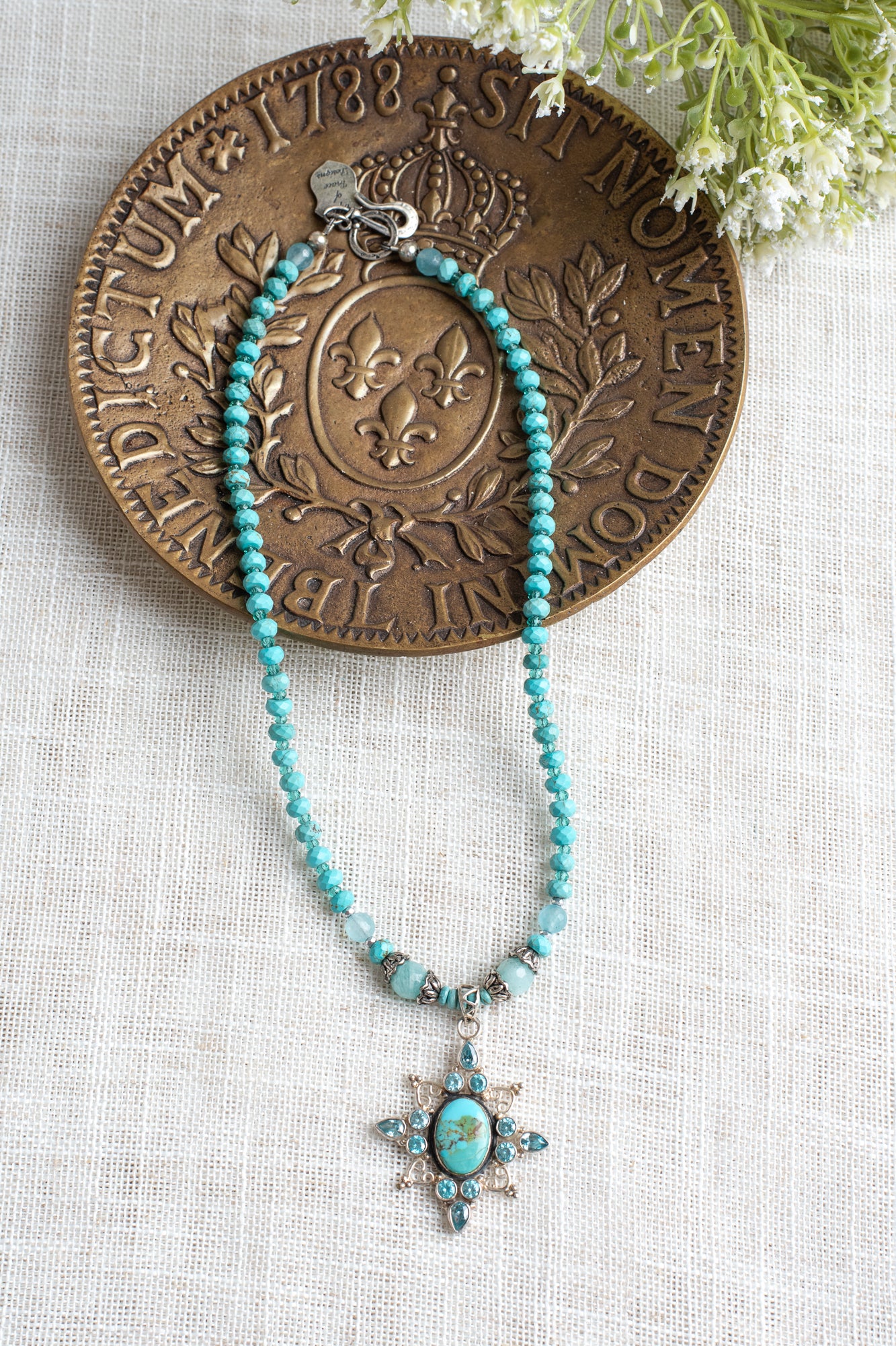 Sterling Silver Starburst Turquoise and Blue Topaz on Turquoise Beaded Necklace