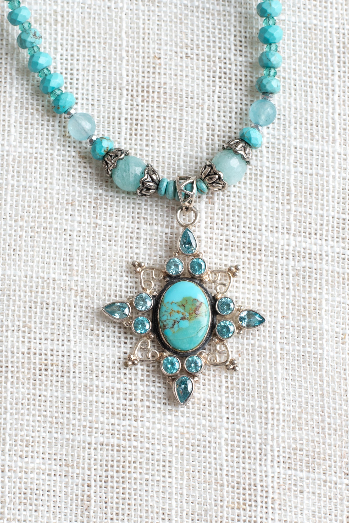 Sterling Silver Starburst Turquoise and Blue Topaz on Turquoise Beaded Necklace