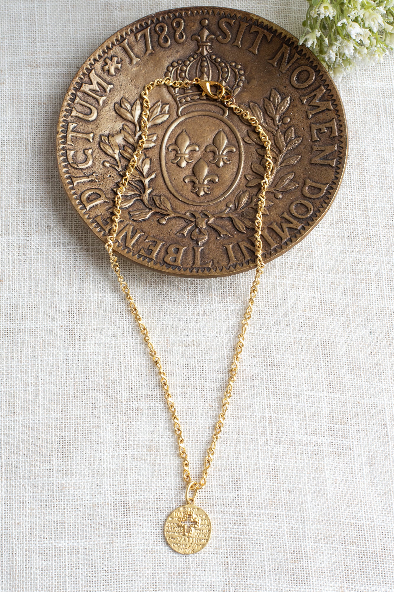 Matte Gold Cross Cutout Disc Pendant with Affirming Words Necklace