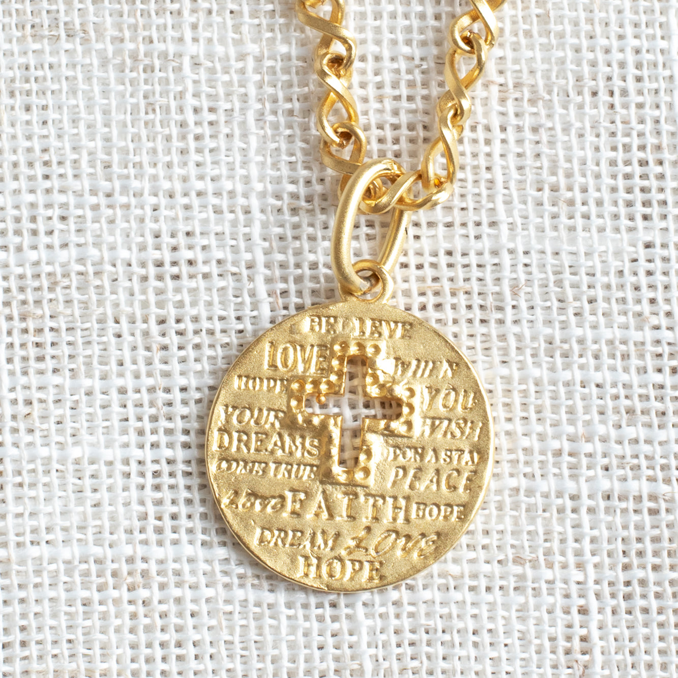 22K Matte Gold Affirmation Disc and Cross Necklace