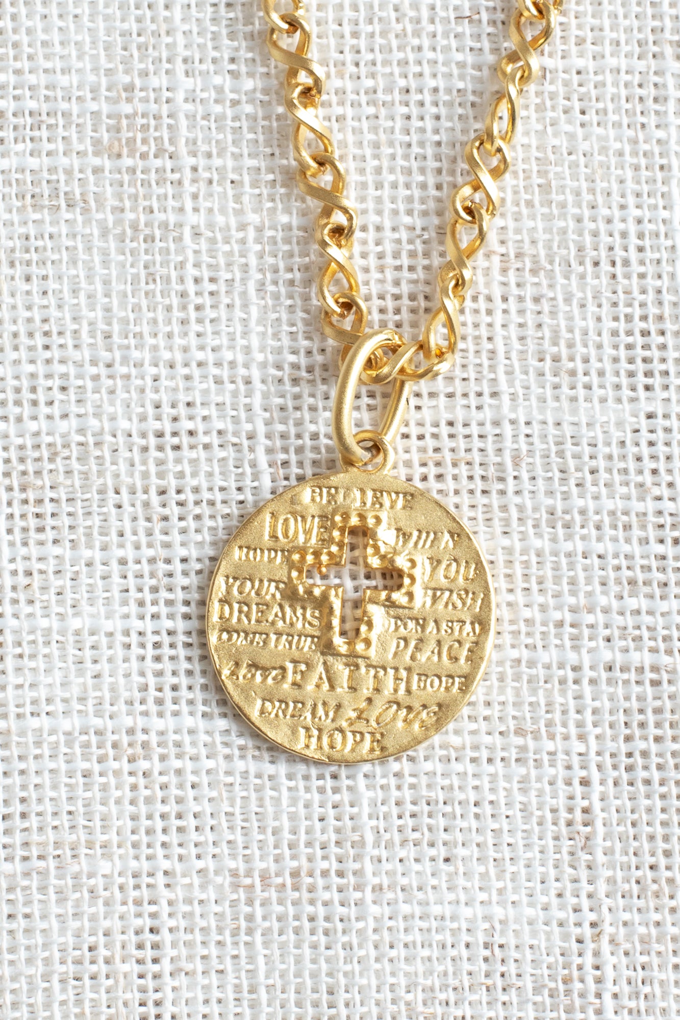 Matte Gold Cross Cutout Disc Pendant with Affirming Words Necklace