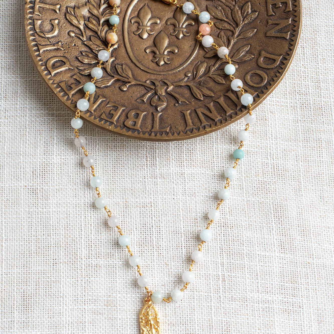 Matte Gold Patterned Pendant on Pastel Amazonite Stone Rosary Chain Necklace