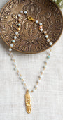Matte Gold Patterned Pendant on Pastel Amazonite Stone Rosary Chain Necklace