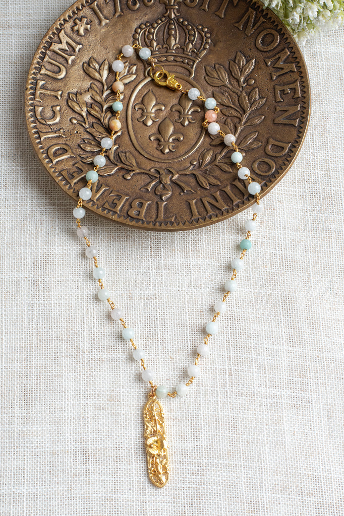 Matte Gold Patterned Pendant on Pastel Amazonite Stone Rosary Chain Necklace