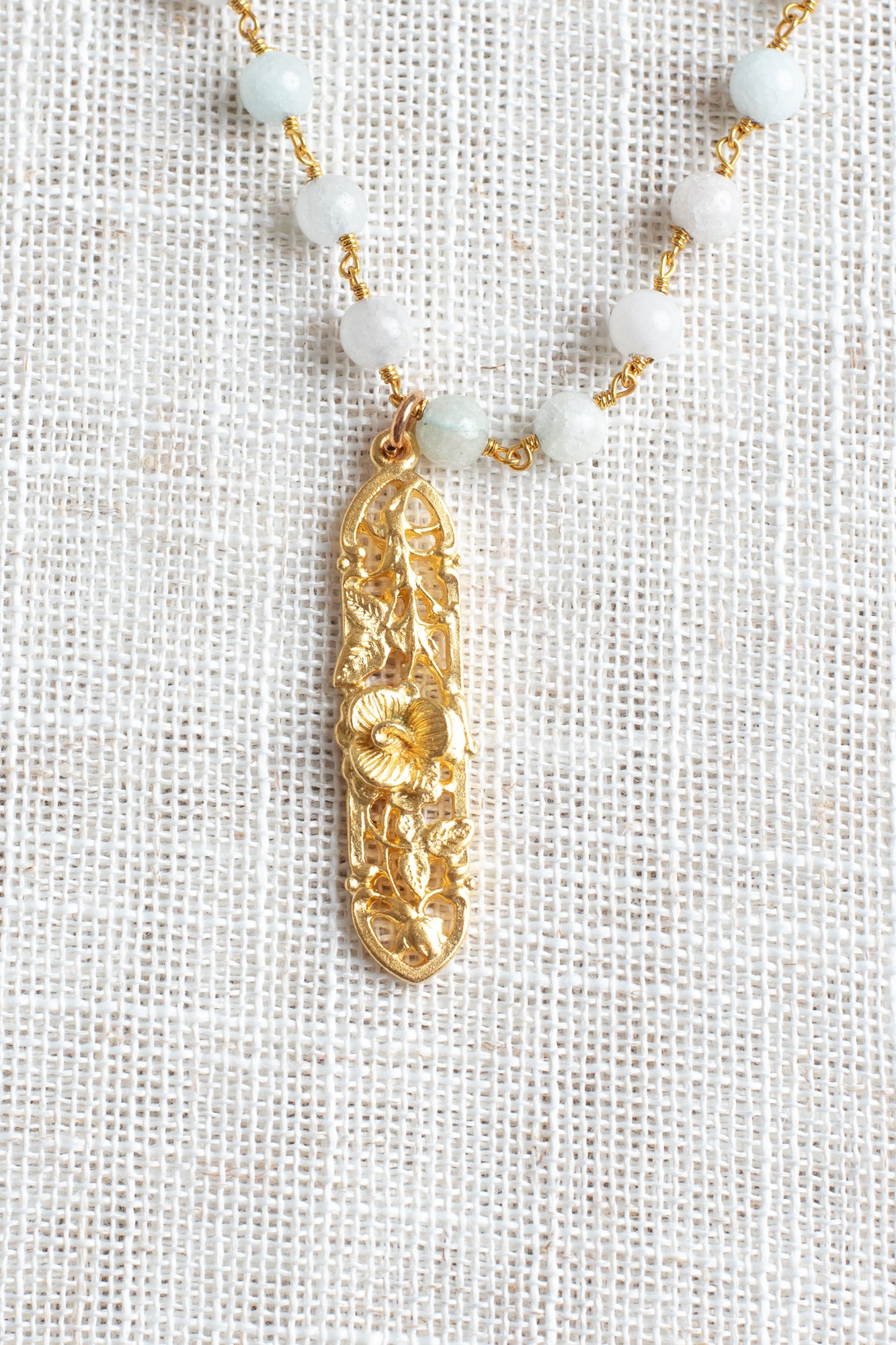 Matte Gold Patterned Pendant on Pastel Amazonite Stone Rosary Chain Necklace