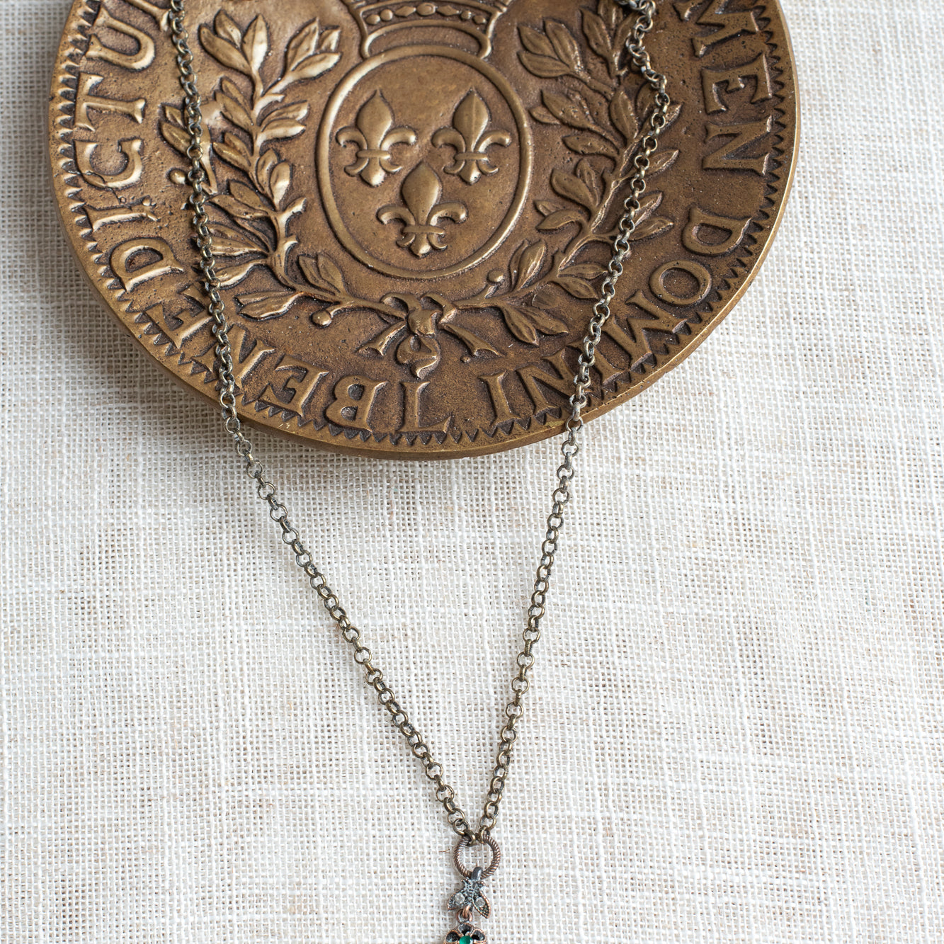 Bronze Angelic Round Pendant with Sterling Silver Drop on Bronze Chain Necklace