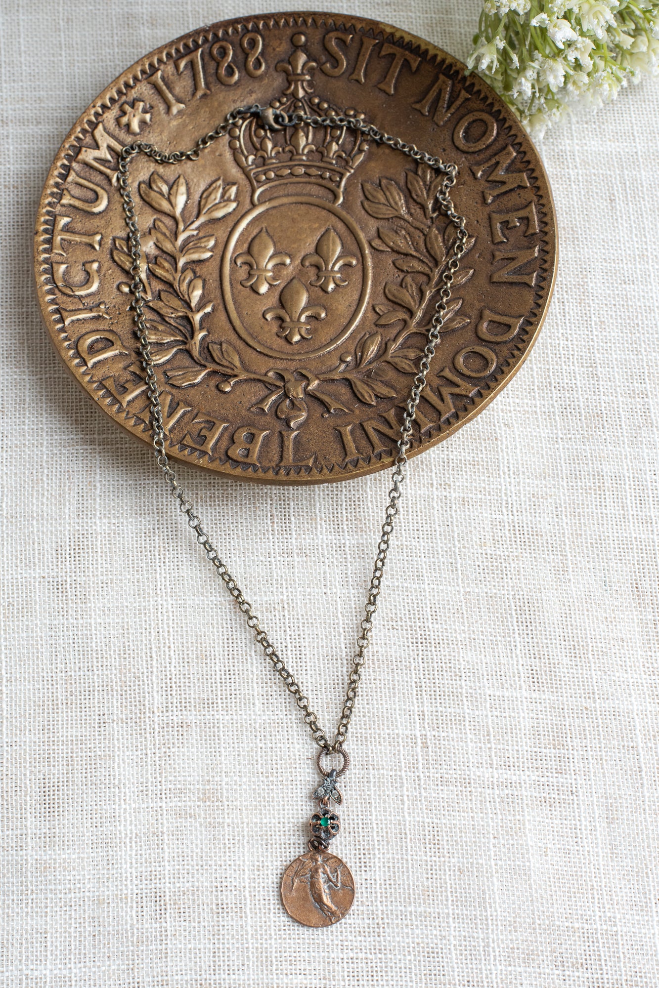 Bronze Angelic Round Pendant with Sterling Silver Drop on Bronze Chain Necklace
