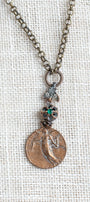 Vintage Angel Pendant & Bronze Chain Necklace with Green Crystal