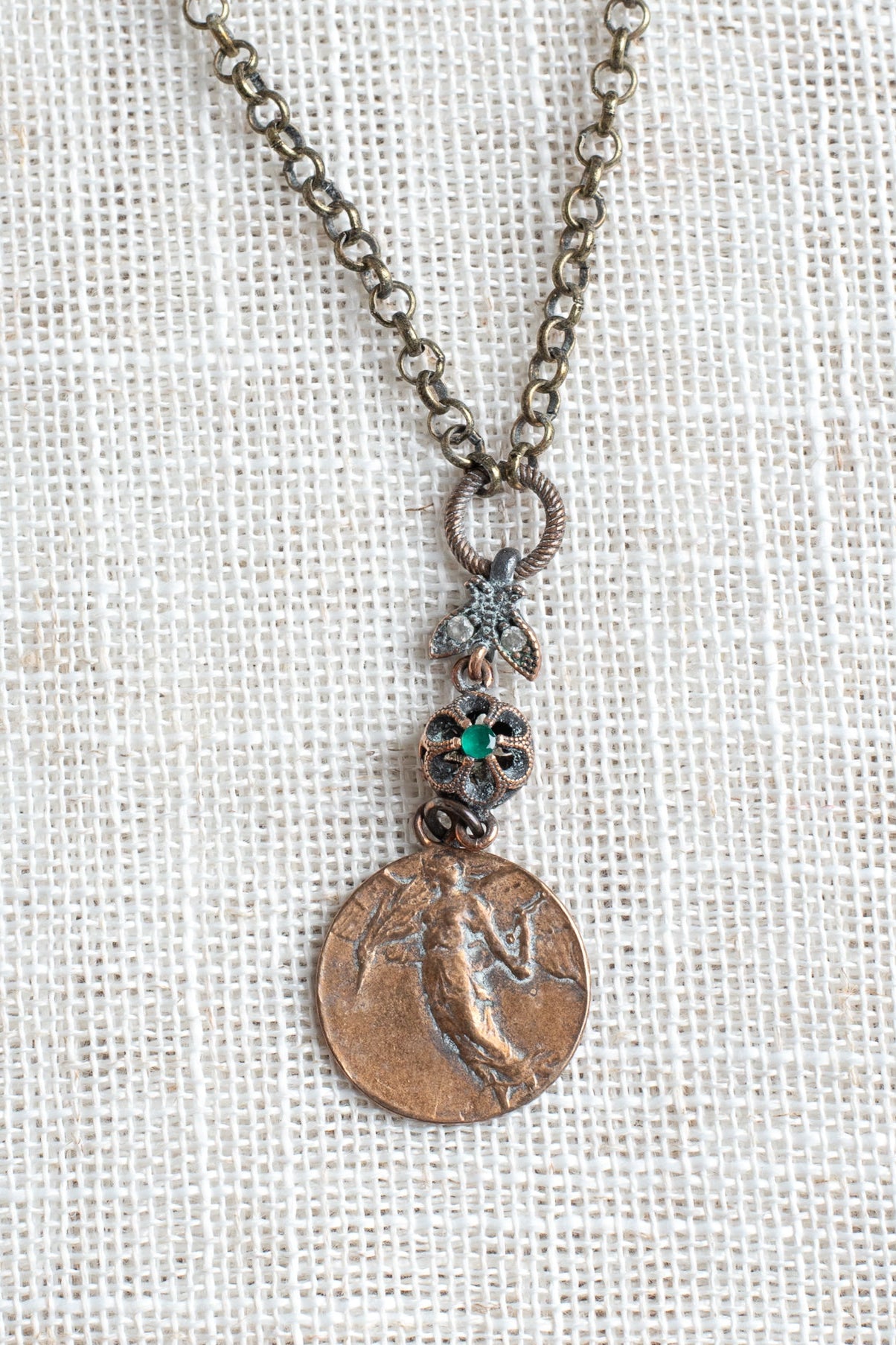 Bronze Angelic Round Pendant with Sterling Silver Drop on Bronze Chain Necklace