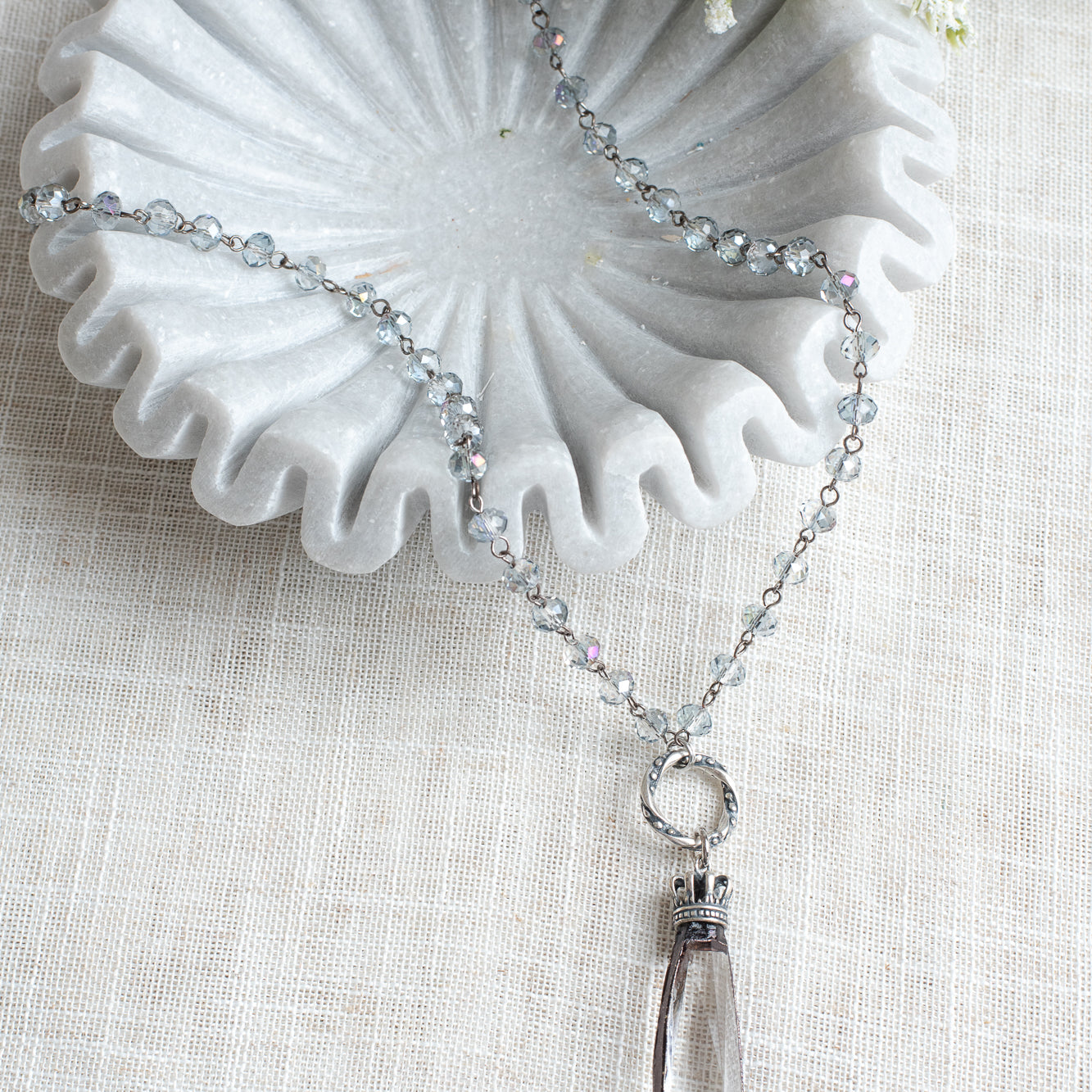 Hand Soldered Long Chandelier Crystal Pendant with Crown Bail on an Iridescent Blue Gray Crystal Rosary Chain Necklace