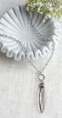 Hand Soldered Long Chandelier Crystal Pendant with Crown Bail on an Iridescent Blue Gray Crystal Rosary Chain Necklace