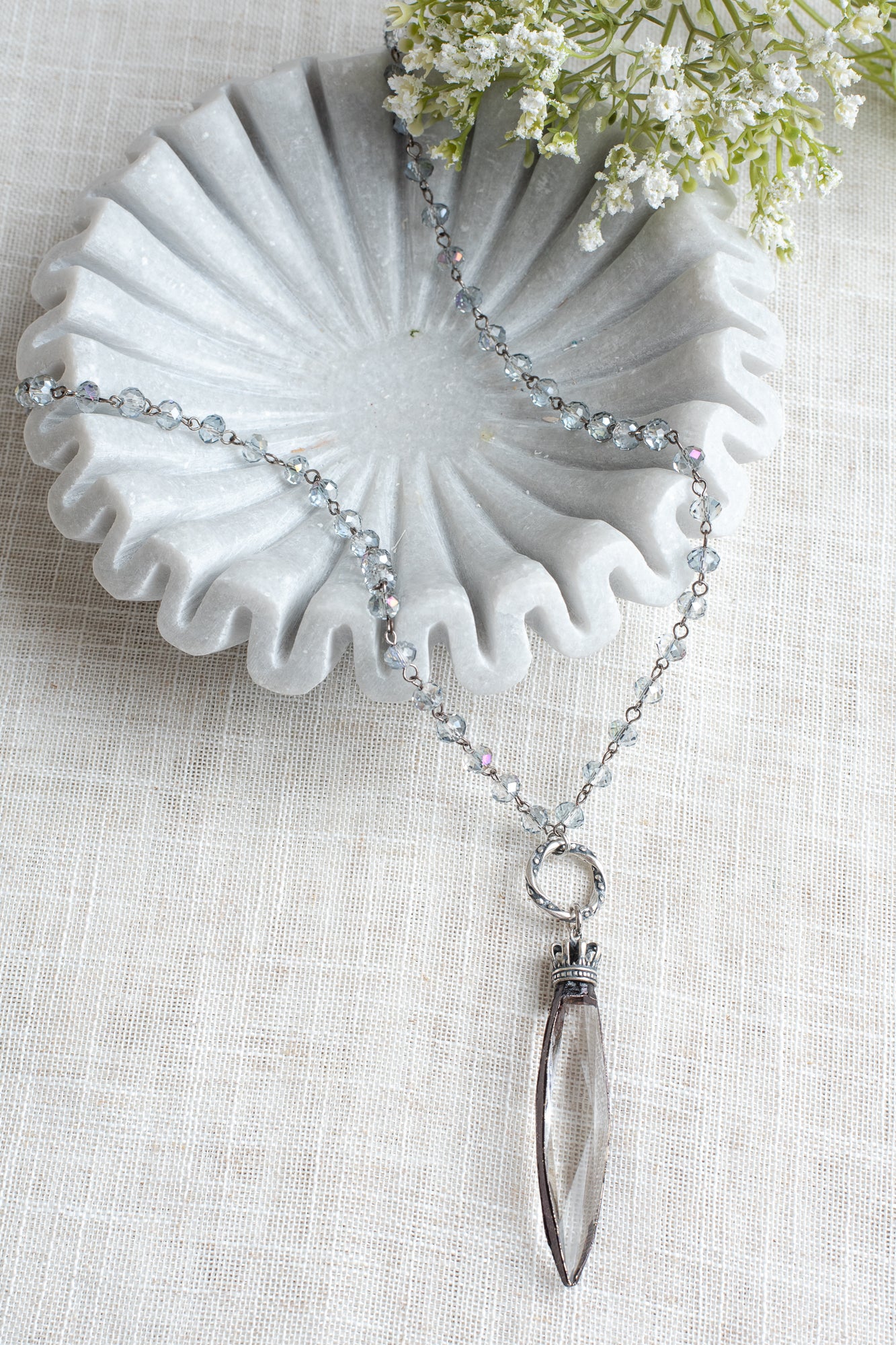 Hand Soldered Long Chandelier Crystal Pendant with Crown Bail on an Iridescent Blue Gray Crystal Rosary Chain Necklace