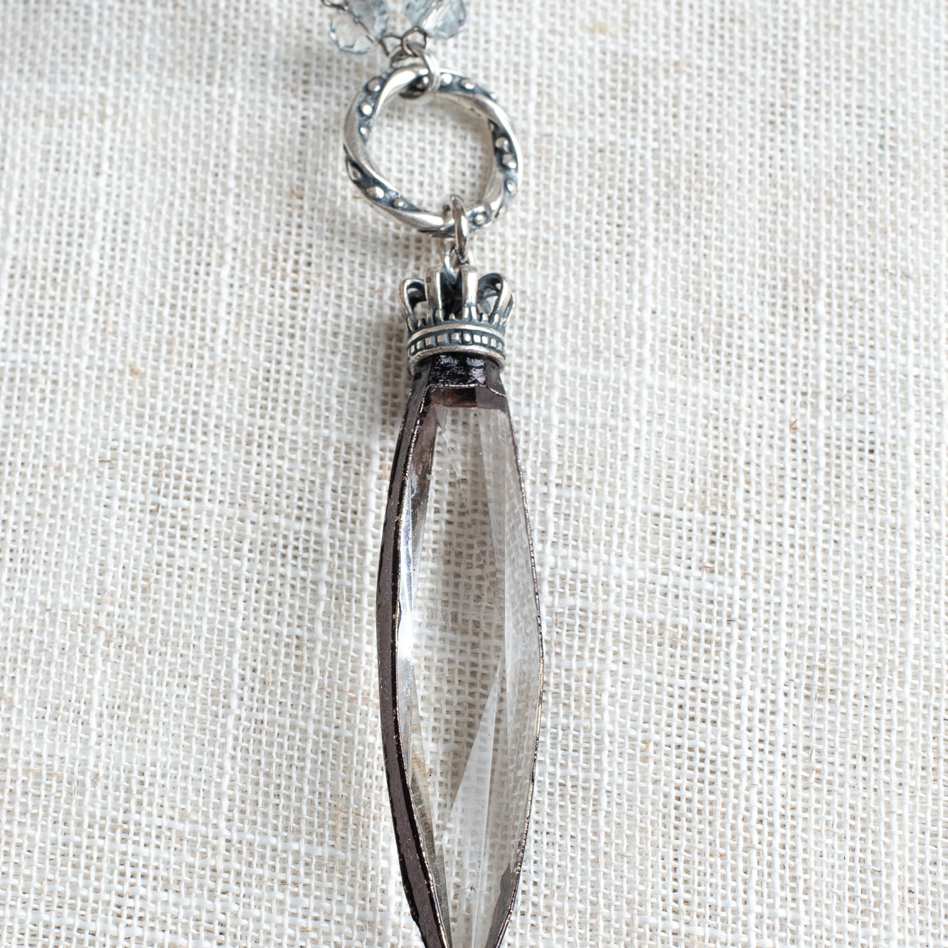 Hand-Soldered Crowned Crystal & Gunmetal Rosary-Style Long Necklace