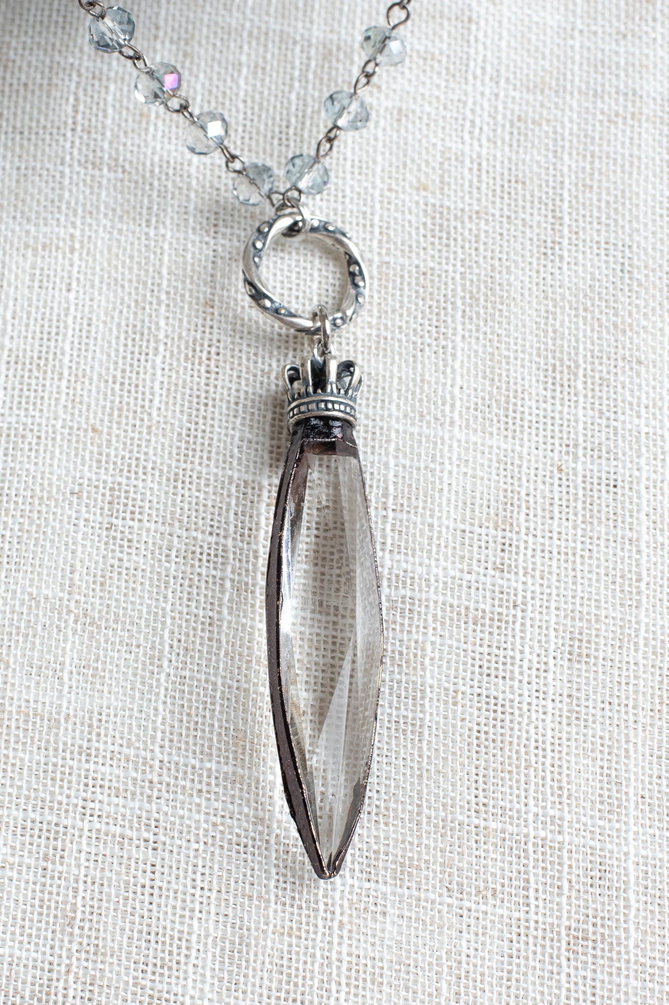 Hand Soldered Long Chandelier Crystal Pendant with Crown Bail on an Iridescent Blue Gray Crystal Rosary Chain Necklace