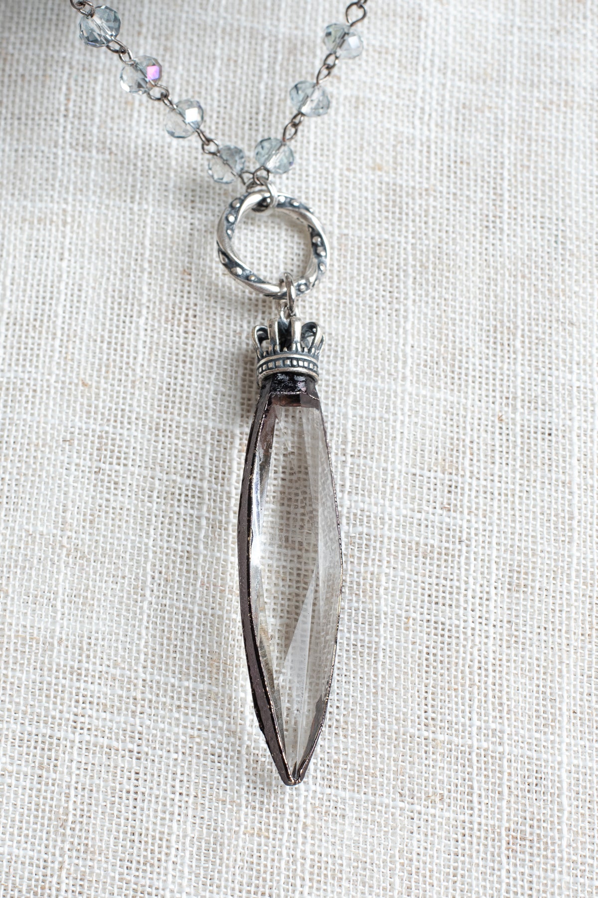 Hand Soldered Long Chandelier Crystal Pendant with Crown Bail on an Iridescent Blue Gray Crystal Rosary Chain Necklace