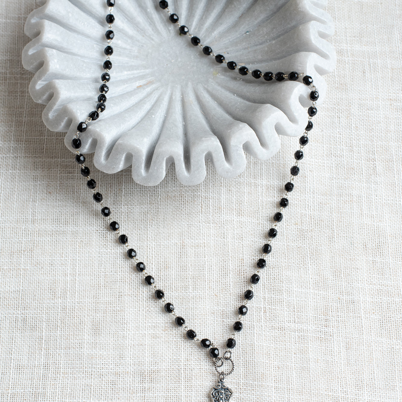 French Vintage Style Silver Plated Flourish Filigree Pendant with Fleur de Lis Charms on a Black Crystal Rosary Chain Necklace