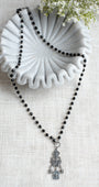 French Vintage Style Silver Plated Flourish Filigree Pendant with Fleur de Lis Charms on a Black Crystal Rosary Chain Necklace