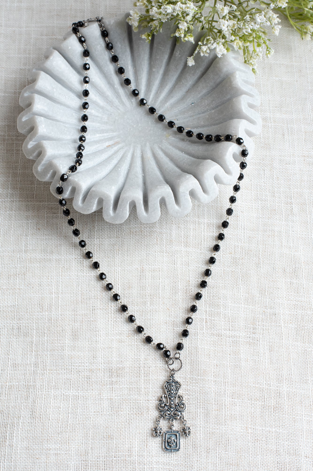 French Vintage Style Silver Plated Flourish Filigree Pendant with Fleur de Lis Charms on a Black Crystal Rosary Chain Necklace