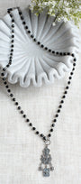 French Vintage Style Silver Plated Flourish Filigree Pendant with Fleur de Lis Charms on a Black Crystal Rosary Chain Necklace