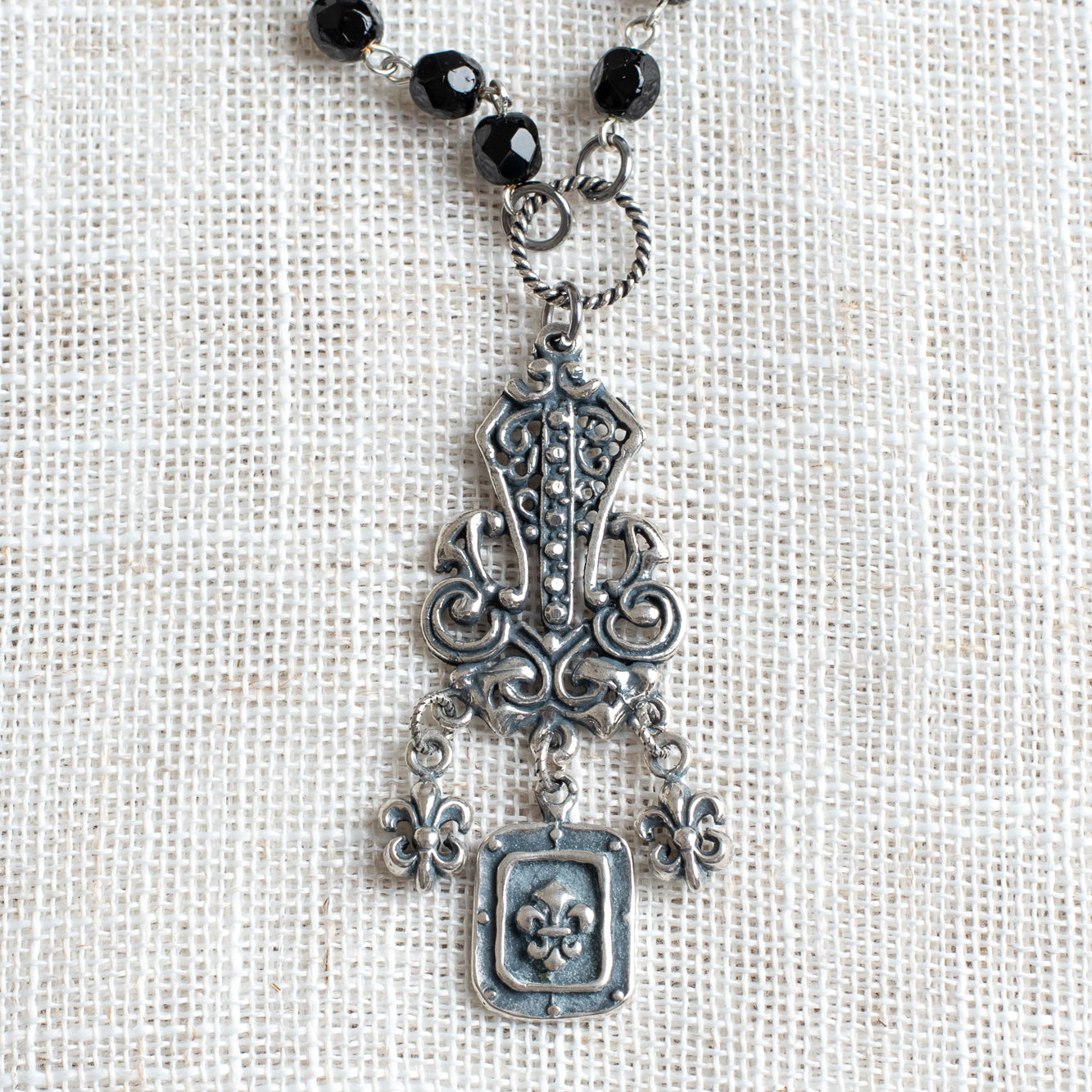 French Fleur-de-Lis Filigree Charms on a Black Crystal Rosary Chain Necklace
