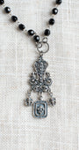 French Vintage Style Silver Plated Flourish Filigree Pendant with Fleur de Lis Charms on a Black Crystal Rosary Chain Necklace