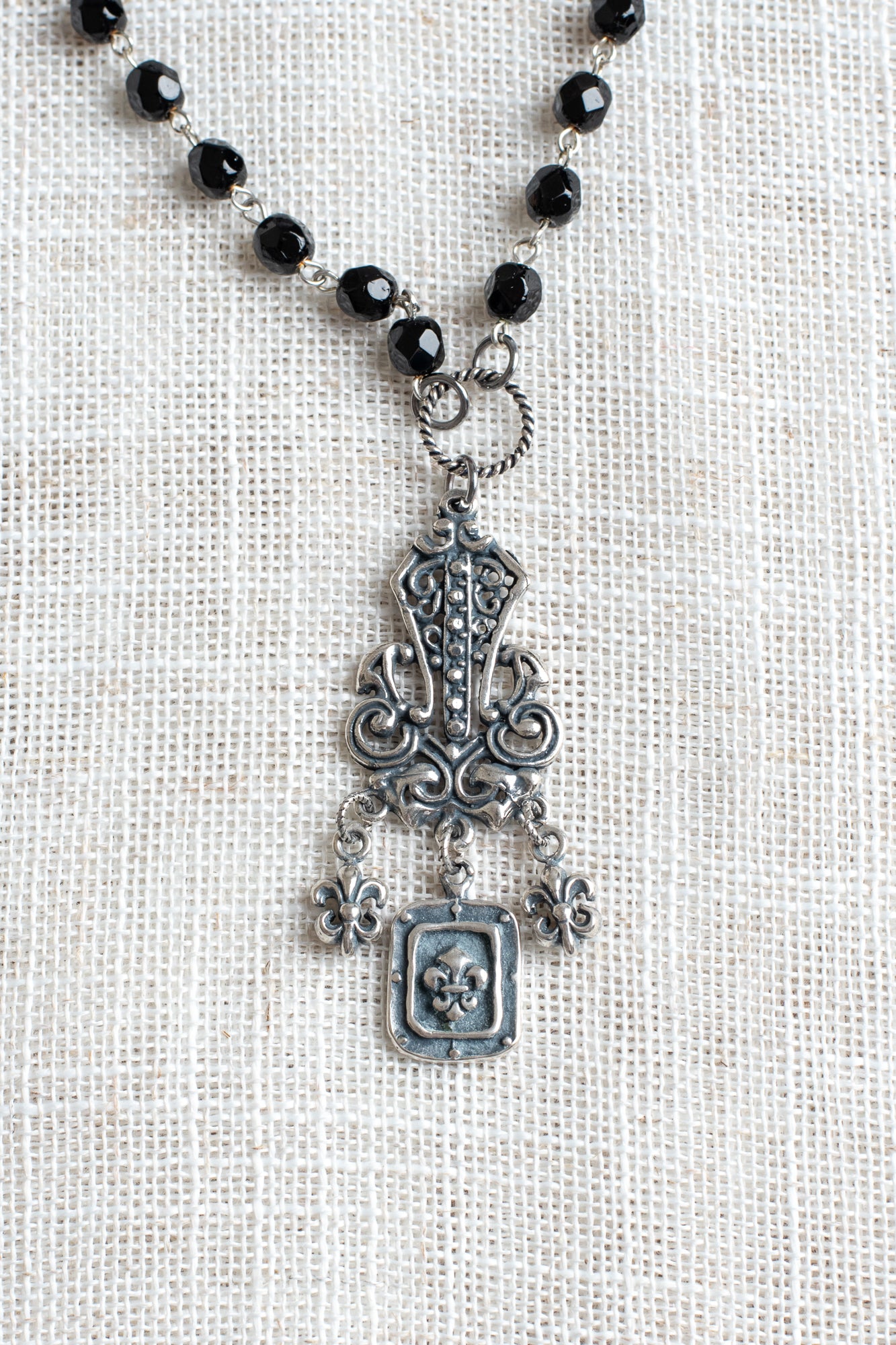 French Vintage Style Silver Plated Flourish Filigree Pendant with Fleur de Lis Charms on a Black Crystal Rosary Chain Necklace