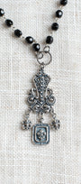 French Fleur-de-Lis Filigree Charms on a Black Crystal Rosary Chain Necklace