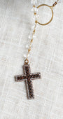 Sapphire and White Topaz Turkish Sterling Silver Jeweled Cross Pendant on Crystal Rosary Chain