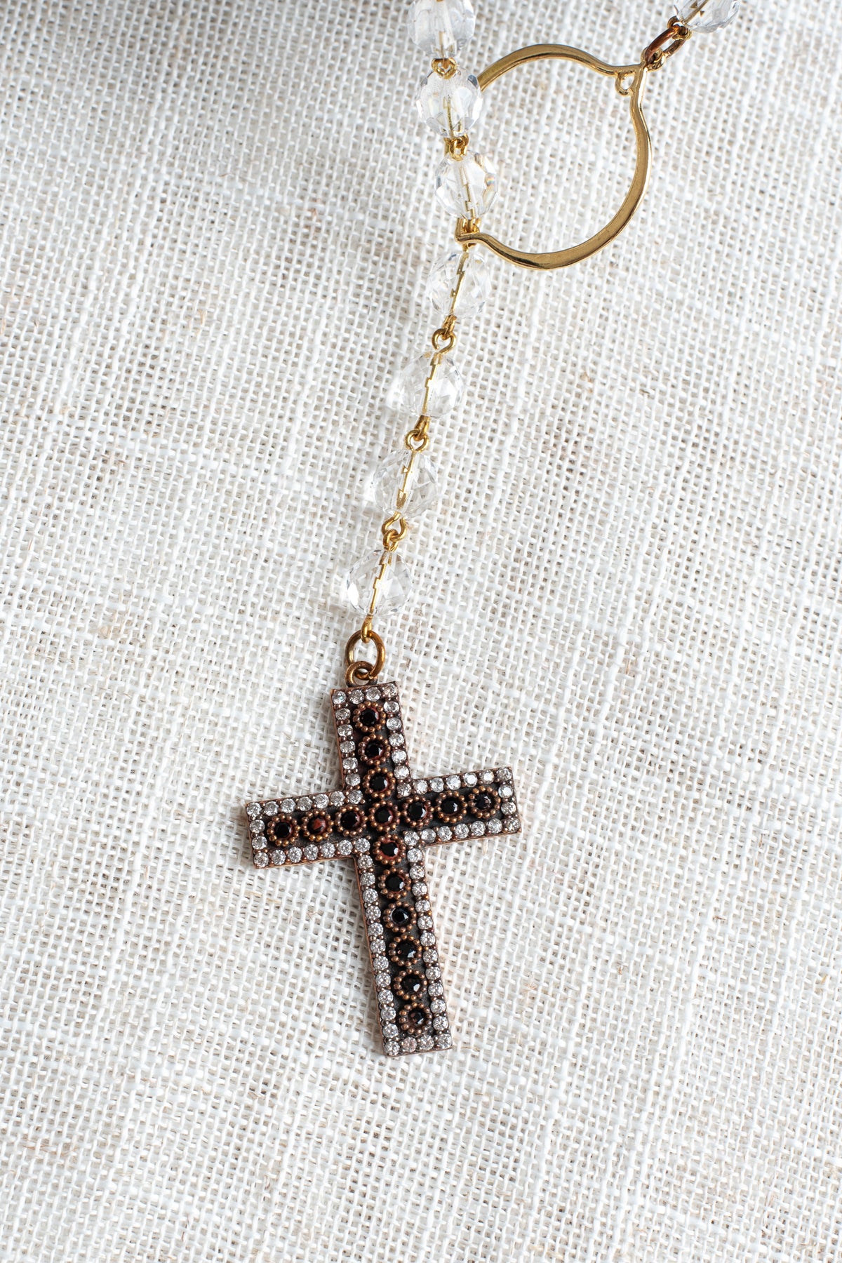 Sapphire and White Topaz Turkish Sterling Silver Jeweled Cross Pendant on Crystal Rosary Chain